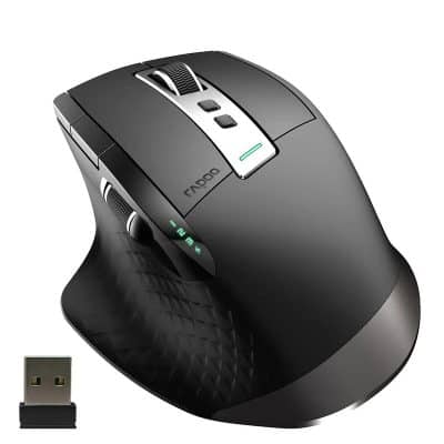 Wireless computer mouse with ergonomic design and programmable buttons for office and gaming use.
