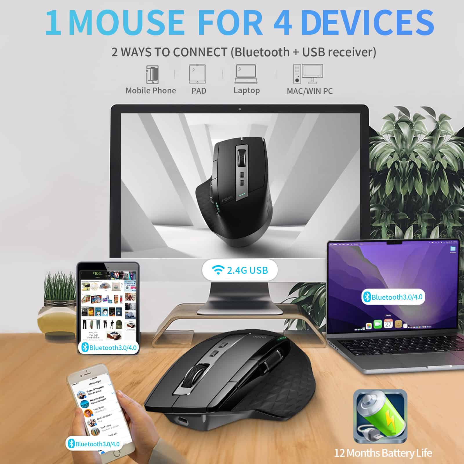 Wireless ergonomic computer mouse for multiple device connectivity, compatible with Bluetooth and USB, ideal for office and home use.