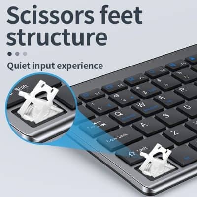 Scissors feet structure close-up, innovative keyboard design with integrated scissors for precise cutting, ideal for office and creative workspaces.