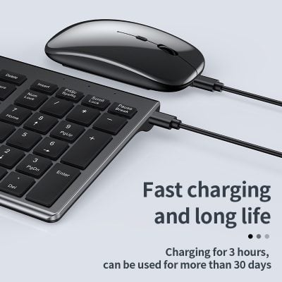 High-quality computer keyboard and mouse with fast charging feature, long-lasting battery for extended use, ideal for office work and productivity.