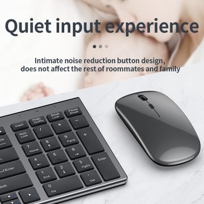 Keyboard and mouse for quiet input experience at Monalisa Store, emphasizing noise reduction technology for a peaceful workspace opt.