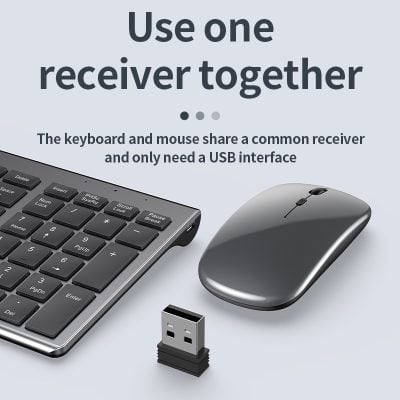 Wireless keyboard and mouse with USB receiver for computer accessories.