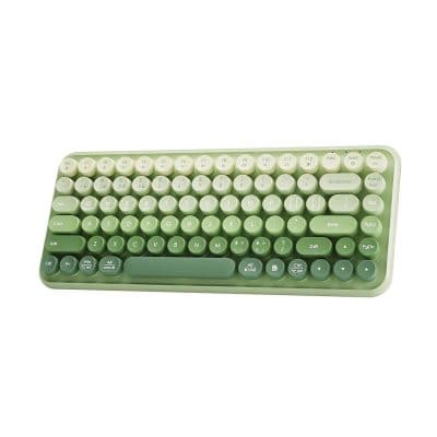 Wireless retro-style mechanical keyboard with round keycaps in pastel green and cream colors, ideal for ergonomic computer use, featuring full-sized layout and chic vintage design.