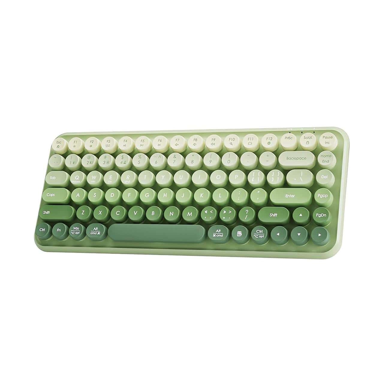 Wireless retro-style mechanical keyboard with round keycaps in pastel green and cream colors, ideal for ergonomic computer use, featuring full-sized layout and chic vintage design.