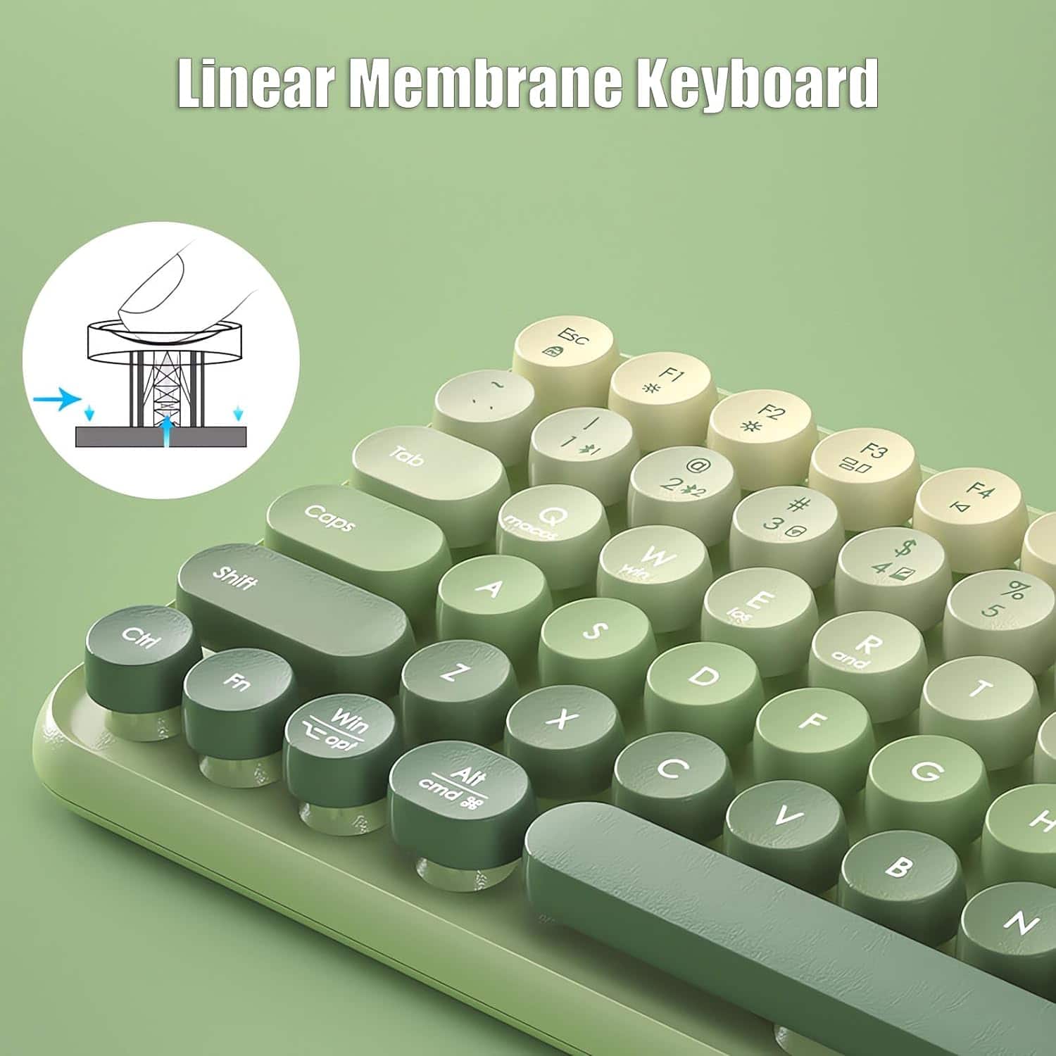 Keyboard with green keys, labeled as Linux Membrane Keyboard for medical professionals and ergonomic use at Monalisa Medical Store.