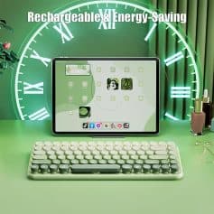 Rechargeable and energy-saving device on a green desk with a keyboard and digital screen, promoting eco-friendly tech solutions at Monalisa Store.