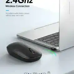 Wireless computer mouse and laptop, 2.4GHz wireless connection for seamless device pairing, modern tech accessories, desk setup, technological innovation.