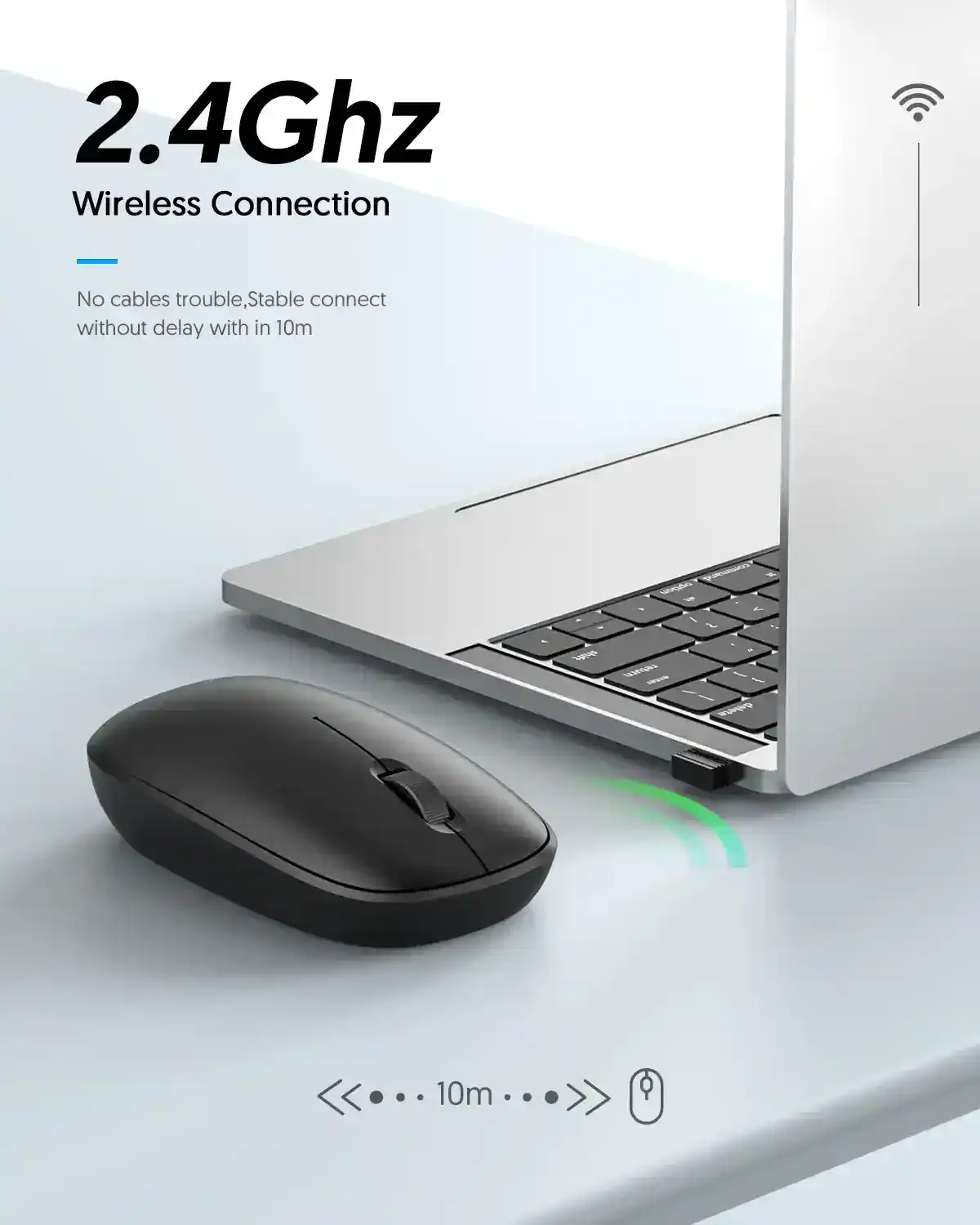 Wireless computer mouse and laptop, 2.4GHz wireless connection for seamless device pairing, modern tech accessories, desk setup, technological innovation.