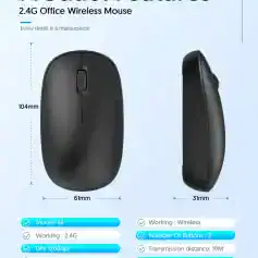 2. Slim black office wireless mouse with ergonomic design, 104mm x 61mm size, 2.4GHz working frequency, and 1200dpi for precise control.