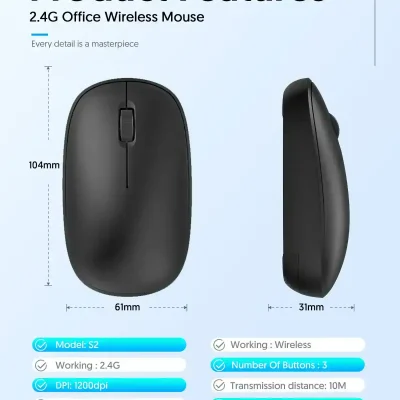 2. Slim black office wireless mouse with ergonomic design, 104mm x 61mm size, 2.4GHz working frequency, and 1200dpi for precise control.