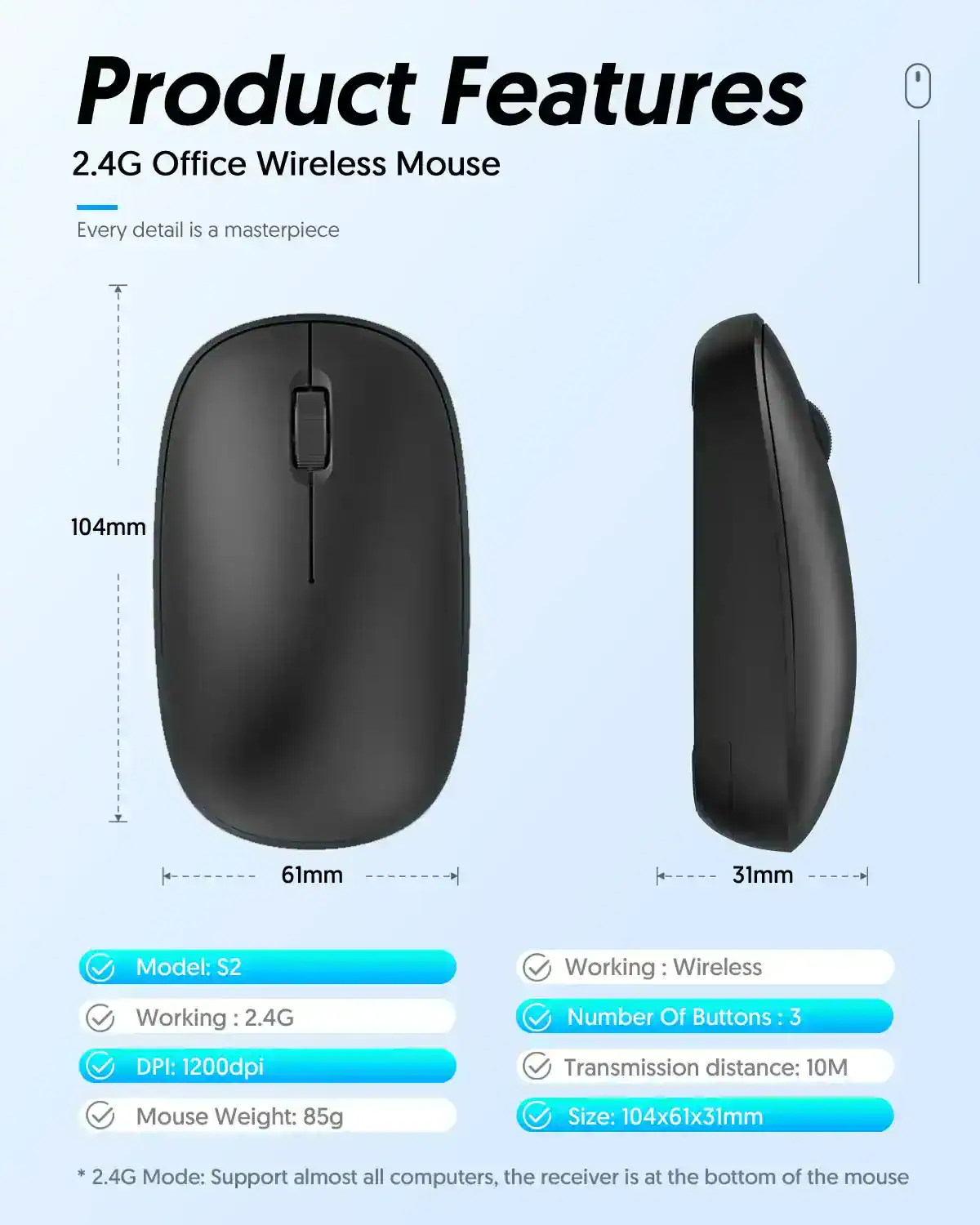 2. Slim black office wireless mouse with ergonomic design, 104mm x 61mm size, 2.4GHz working frequency, and 1200dpi for precise control.