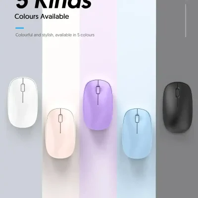 Silicone wireless computer mice in five colors including white, beige, purple, blue, and black, available at Monalisa Store for stylish and functional office accessories.