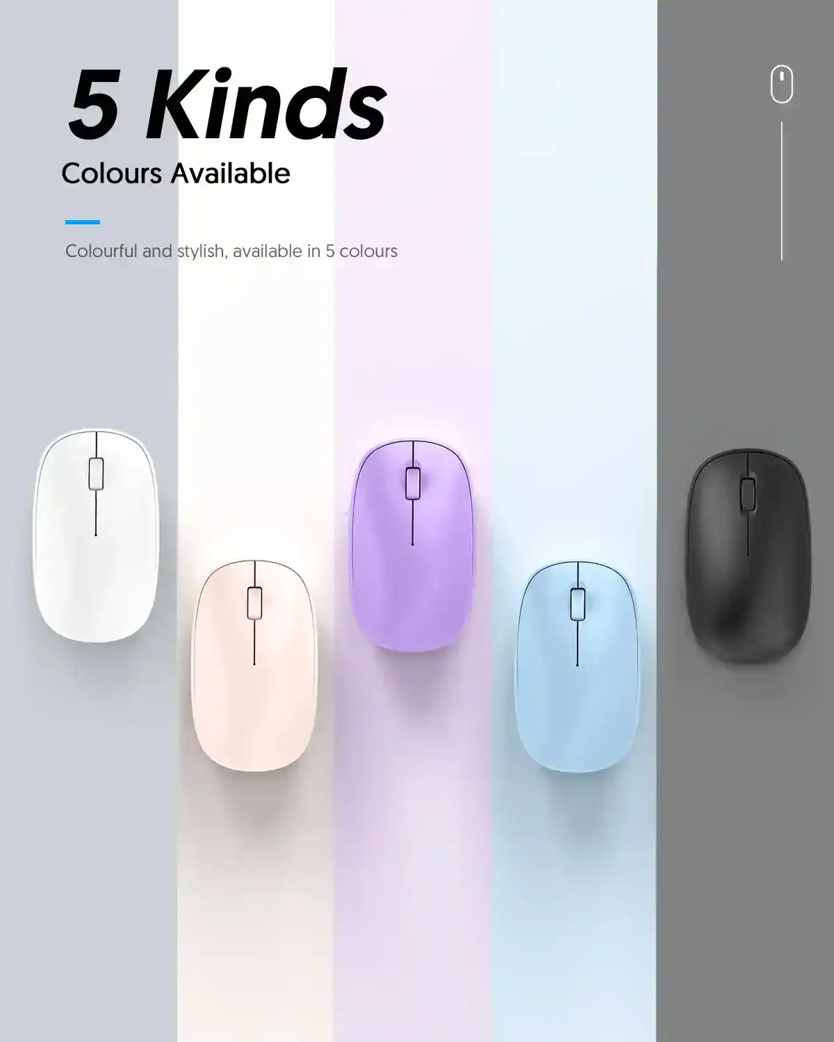 Silicone wireless computer mice in five colors including white, beige, purple, blue, and black, available at Monalisa Store for stylish and functional office accessories.