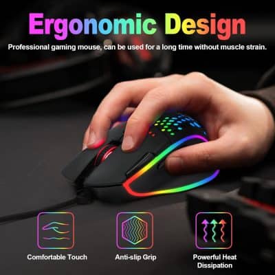 RGB gaming mouse with ergonomic design, customizable RGB lighting, anti-slip grip, and heat dissipation for extended gaming comfort. Ideal for long gaming sessions without muscle strain.