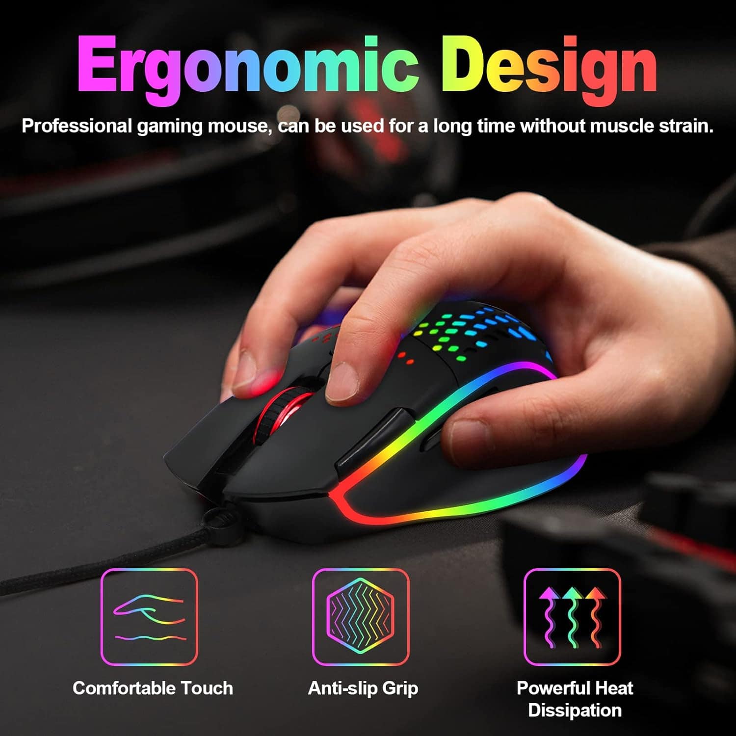 RGB gaming mouse with ergonomic design, customizable RGB lighting, anti-slip grip, and heat dissipation for extended gaming comfort. Ideal for long gaming sessions without muscle strain.