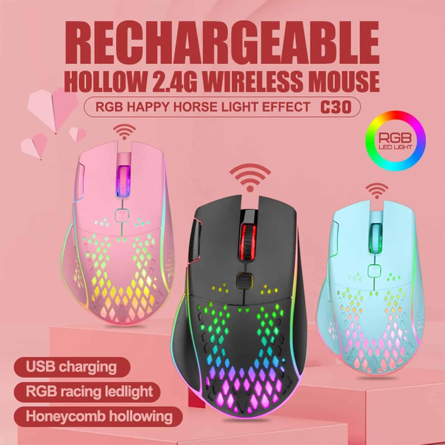 Rechargeable hollow 2.4G wireless optical mouse with RGB LED racing light effects, including USB charging, honeycomb hollow design, and colorful illumination, perfect for gaming and office use.