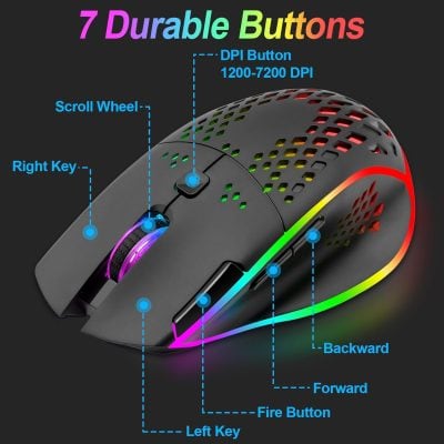 Durable gaming mouse with RGB lighting, programmable buttons, customizable DPI settings from 1200 to 7200, ergonomic design, and precision tracking for enhanced gaming performance.
