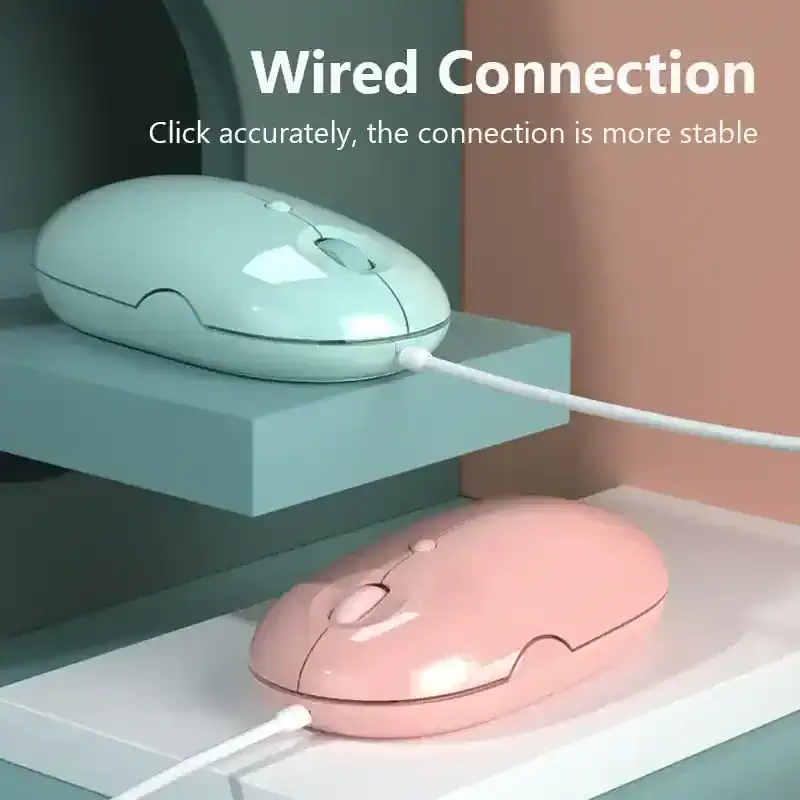 Wireless computer mice in pastel pink and blue on display, emphasizing stylish and modern office accessories perfect for enhancing workspace aesthetics.