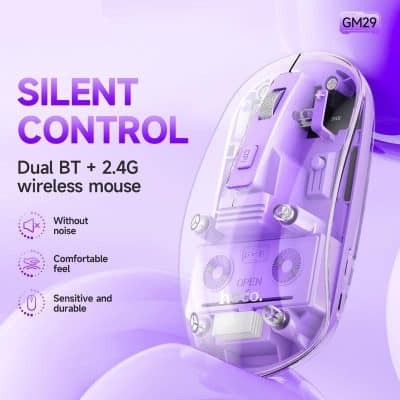 Dual Bluetooth and 2.4G wireless mouse designed for quiet operation with comfortable feel, sensitive, durable, perfect for office or gaming use.