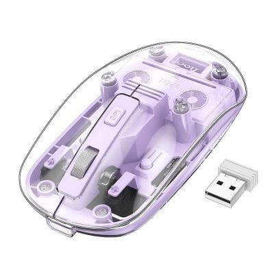 Wireless computer mouse with purple transparent shell, USB receiver included, ergonomic design, modern tech accessory for office or gaming use.
