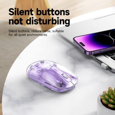 Wireless computer mouse with silent buttons for quiet work environment, compatible with laptops and desktops. Perfect for office or home use, reducing noise and providing smooth navigation.