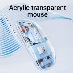 Acrylic transparent computer mouse with visible internal components, ergonomic design, and sleek appearance for precise navigation and modern workspace setup.