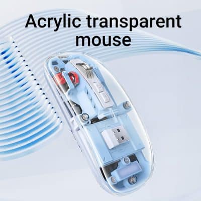 Acrylic transparent computer mouse with visible internal components, ergonomic design, and sleek appearance for precise navigation and modern workspace setup.