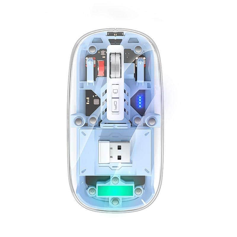 Wireless computer mouse with transparent body showing internal components and LED indicators, ideal for tech enthusiasts and computer accessories shoppers.