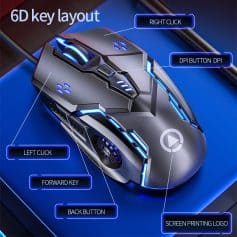 RGB gaming mouse with 6D key layout including right click, left click, forward key, back button, DPI button DPI, and screen printing logo for precision control and gaming performance.