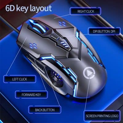RGB gaming mouse with 6D key layout including right click, left click, forward key, back button, DPI button DPI, and screen printing logo for precision control and gaming performance.