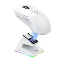 Wireless computer mouse with sleek white design and customizable RGB lighting, ideal for professional and personal use. Perfect for enhancing productivity and computer navigation.