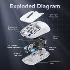 Exploded diagram of a modern wireless computer mouse showing internal components and structure.