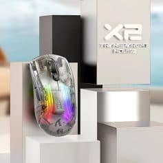 Translucent gaming mouse with RGB lighting and wireless design, displayed for tech and gaming enthusiasts.