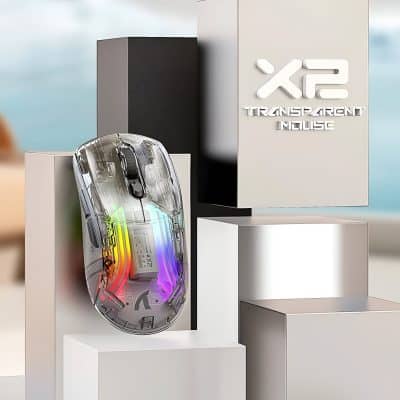 Translucent gaming mouse with RGB lighting and wireless design, displayed for tech and gaming enthusiasts.