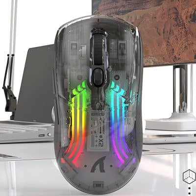 RGB gaming mouse with transparent design, customizable lighting, and ergonomic features displayed on a sleek desk. Perfect for esports and gaming enthusiasts seeking precision and style.