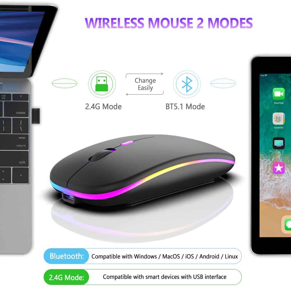 Wireless computer mouse with RGB lighting, compatible with Bluetooth and 2.4G mode for seamless connectivity.