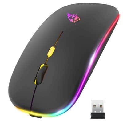 Wireless optical computer mouse with RGB lighting and ergonomic design, compatible with Windows and Mac, ideal for gaming and office use. Comes with a USB receiver for easy connectivity.