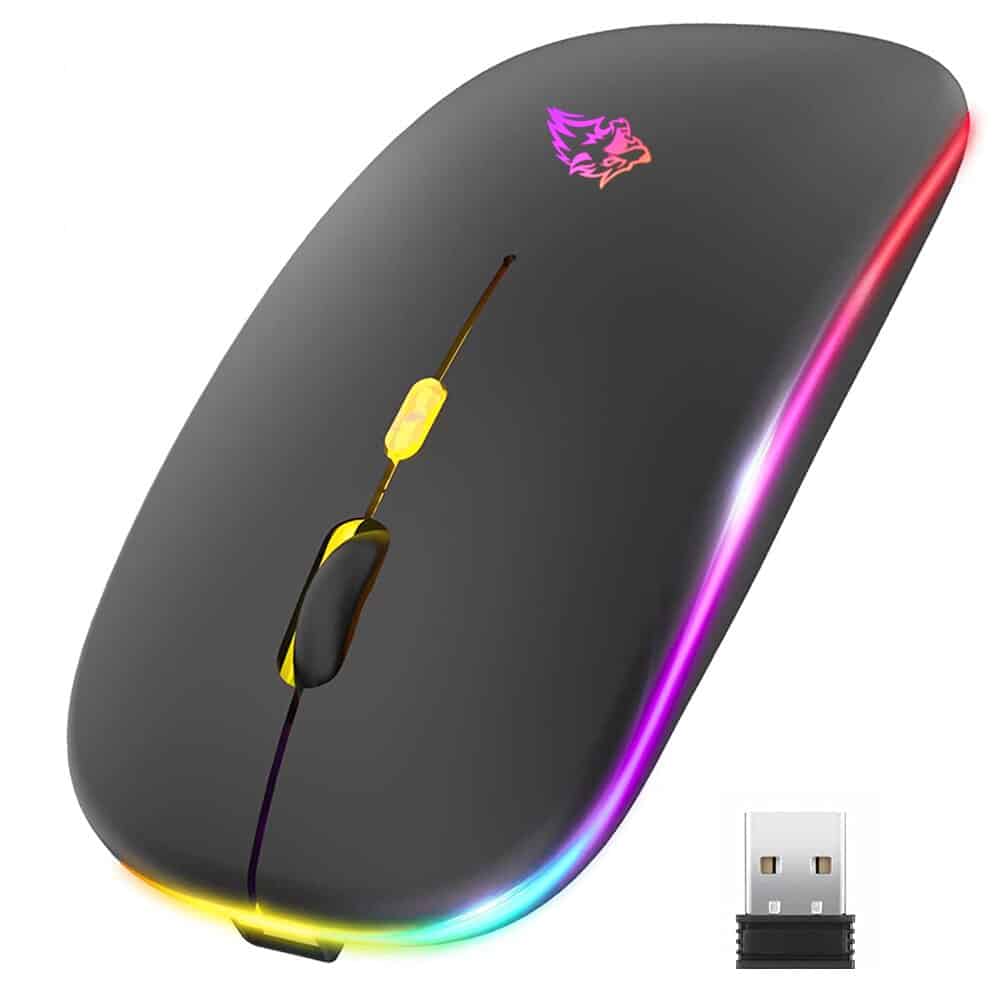 Wireless optical computer mouse with RGB lighting and ergonomic design, compatible with Windows and Mac, ideal for gaming and office use. Comes with a USB receiver for easy connectivity.