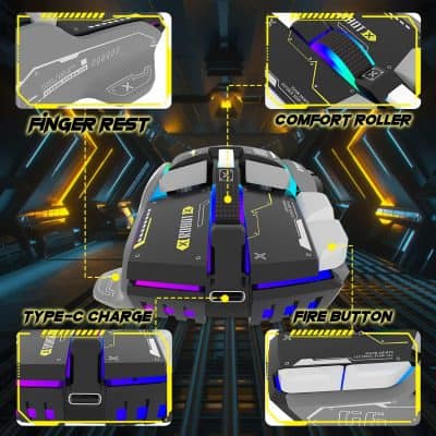 High-tech gaming mouse with customizable finger rest, comfort roller, Type-C charging port, fire button, and ergonomic design for professional eSports gaming setups.