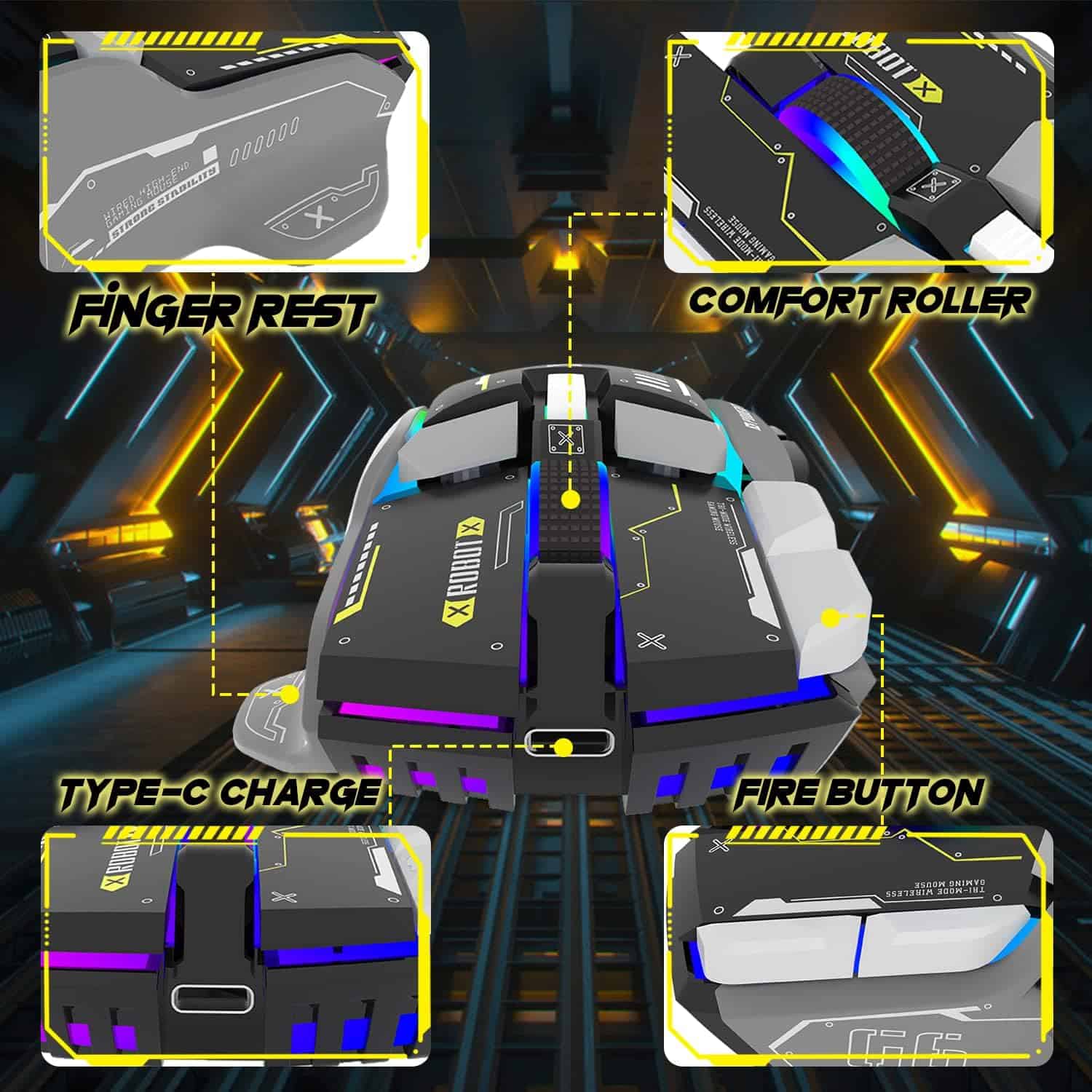 High-tech gaming mouse with customizable finger rest, comfort roller, Type-C charging port, fire button, and ergonomic design for professional eSports gaming setups.