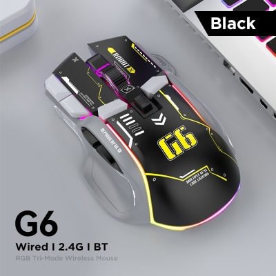 G6 Wired RGB Wireless Mouse with 2.4G Bluetooth, customizable lighting, high precision gaming sensor, ergonomic design, ideal for gaming and professional use.
