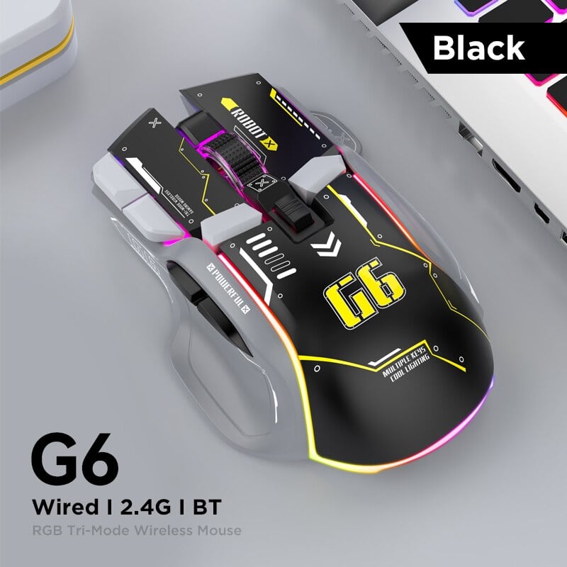 G6 Wired RGB Wireless Mouse with 2.4G Bluetooth, customizable lighting, high precision gaming sensor, ergonomic design, ideal for gaming and professional use.