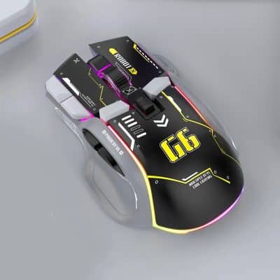 High-tech digital smart mouse with neon lights for gaming and computer use.