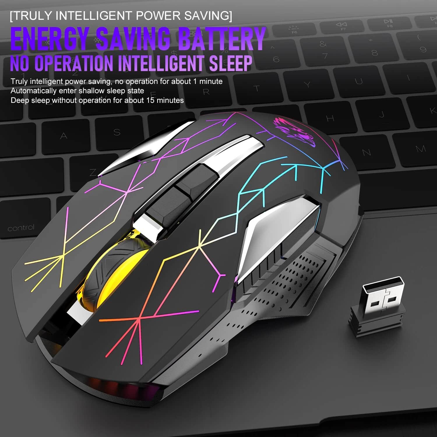 Energy-saving RGB gaming mouse with programmable buttons and advanced DPI sensitivity, designed for gamers and computer users seeking precision and comfort.