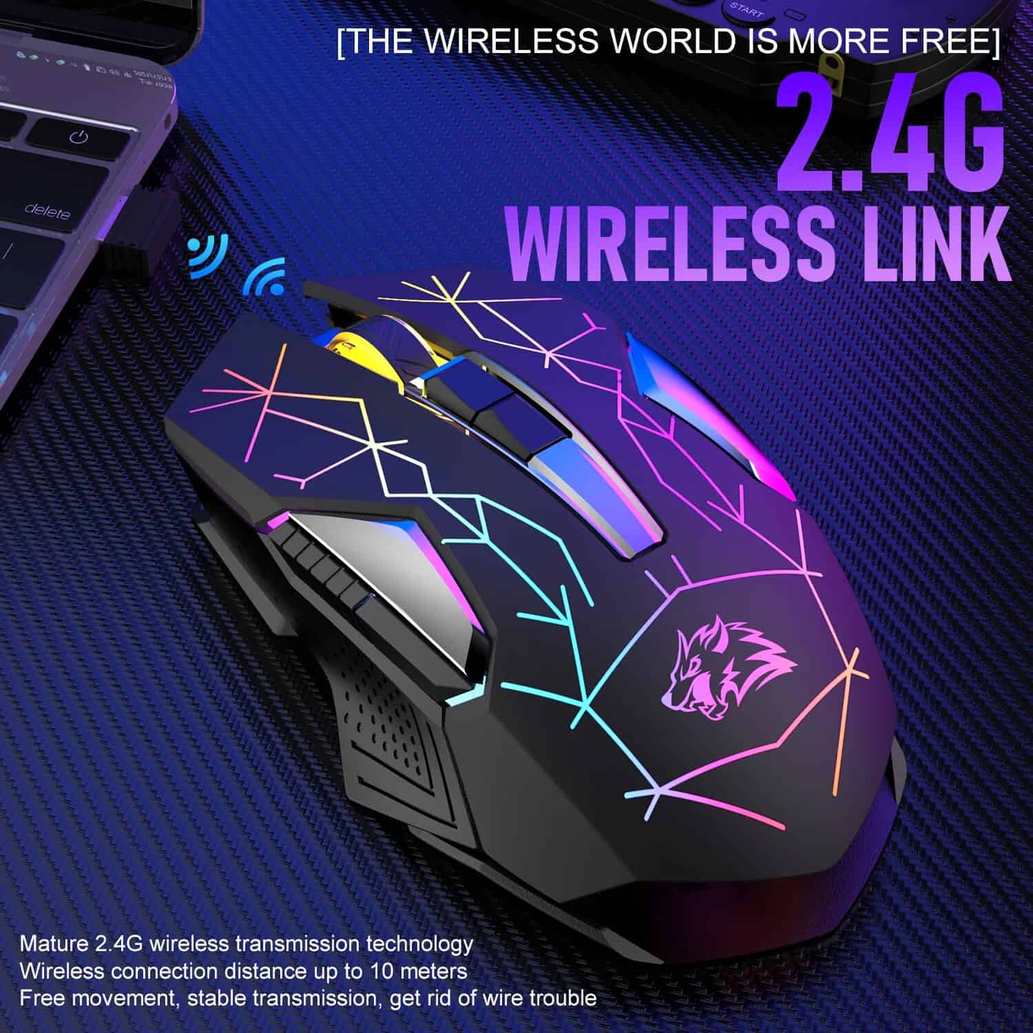 2. High-speed wireless gaming mouse with 2.4G connection, RGB lighting, and ergonomic design for enhanced comfort and precision in gaming environments.
