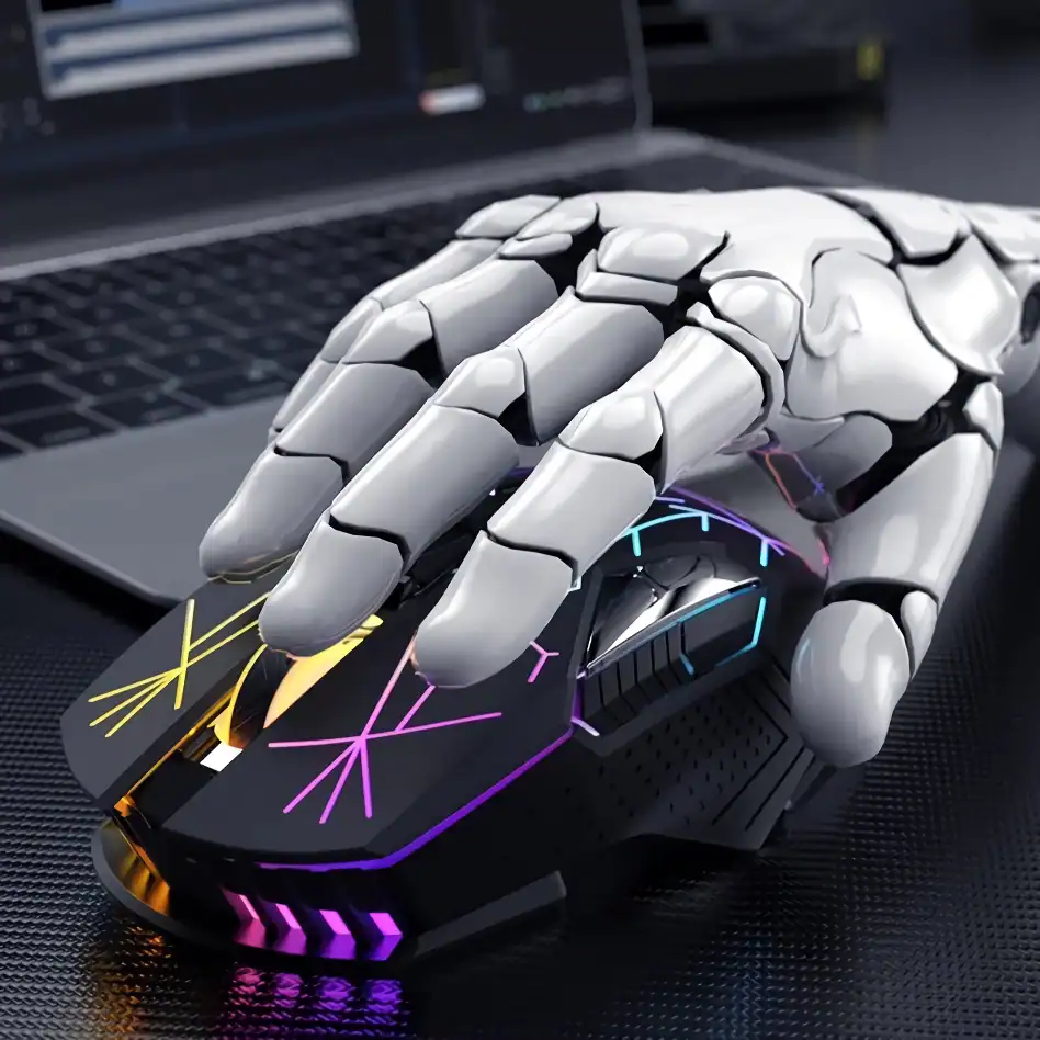 RGB gaming mouse with futuristic design on a black surface over a computer keyboard, emphasizing high-tech gaming accessories and advanced computer peripherals.