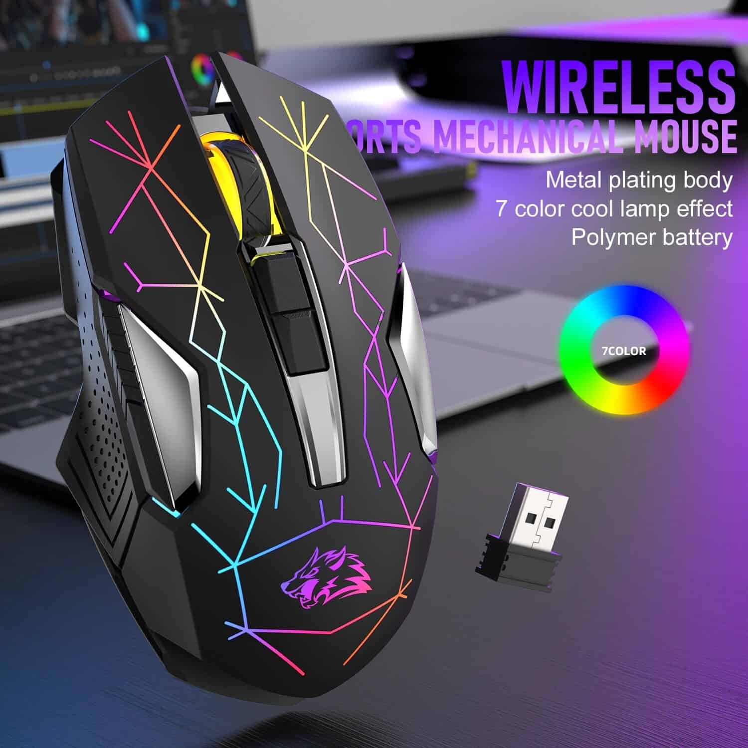 Wireless gaming mouse with metal plating, customizable RGB lighting, ergonomic design, and long-lasting polymer battery for enhanced gaming experience.