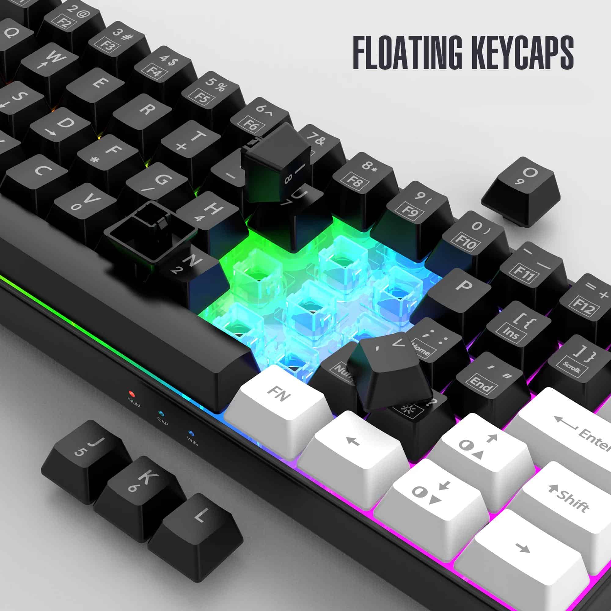 Floating RGB mechanical gaming keyboard with illuminated translucent keycaps, illuminated gaming keyboard, colorful backlit computer keyboard for gaming and typing experiences.