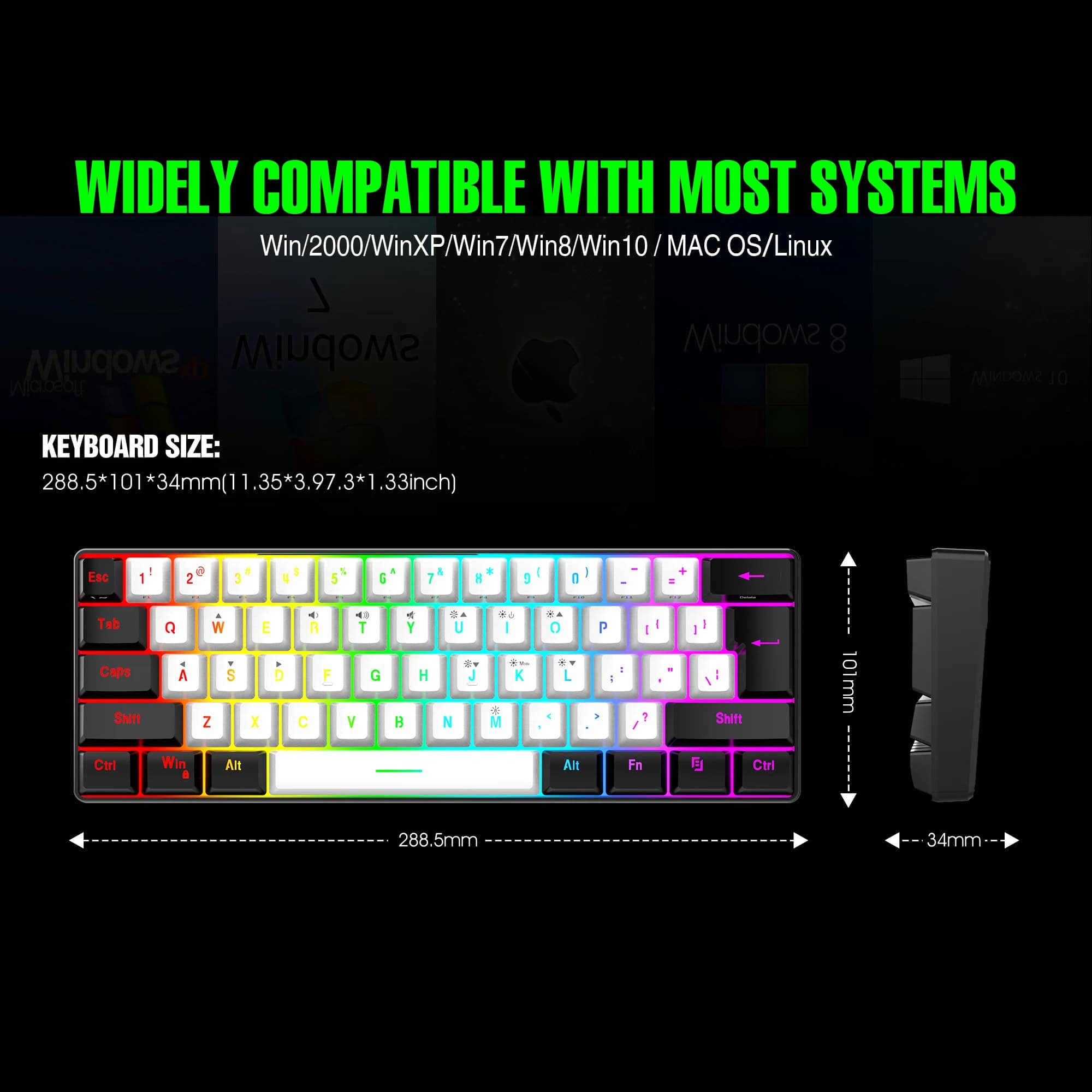 Colorfully illuminated RGB gaming mechanical keyboard, compact and portable for gaming and typing, compatible with Windows and Mac systems, ideal for gamers and office use.