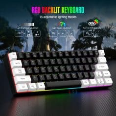 RGB backlit gaming keyboard with 15 adjustable lighting modes and customizable brightness and speed settings, featuring colorful backlight keys for enhanced gaming and typing experience.